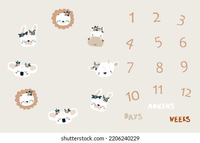 Milestone blanket with cute wild animals faces and numbers. Cartoon print for nursery textile. Vector hand drawn illustration.