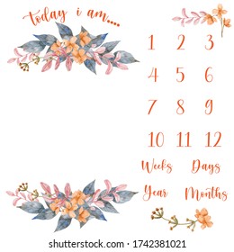 Milestone blanket flower background unisex ( boy + girl) decoration baby shower baby new born month 1, 2, 3, 4, 5, 6, 7, 8, 9, 10,11, 12. editable eps file.