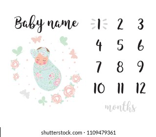 Milestone blanket girl background white black decoration card baby shower baby newborn month one two three four five six seven eight nine ten eleven month by month ye