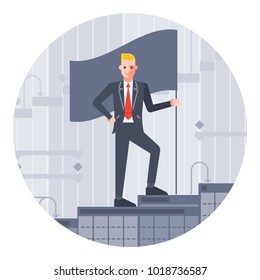 Milestone Businessman With Flag Move Up. Circle Flat Illustration.