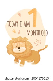 Milestone card. Cute smiling lion. Birthday greeting card, poster. Wild animal, kids print, vector illustration in cartoon style. Today i am one month old text. Heart and drop shapes