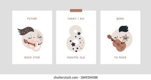 Milestone card for newborn girl or boy with with cartoon planets, moons. Rock star, music theme design elements for kids. Rock a bye baby.  Baby step cards. Hello I am new here. Baby shower print