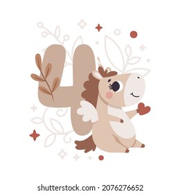 Milestone card with number four in Boho style, unicorn, plants, branch, berries, leaves, stars, cute animals for boy or girl. Baby first 12 months. Capture all the special moments newborn baby