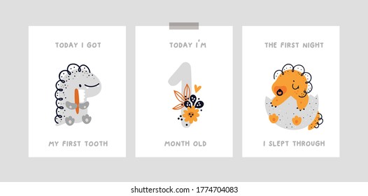 Milestone cards. Childish card or poster with cute baby dino character. Nursery prints with hand drawn doodle illustration isolated on white. Ideal for kids room decoration, clothing, prints, card