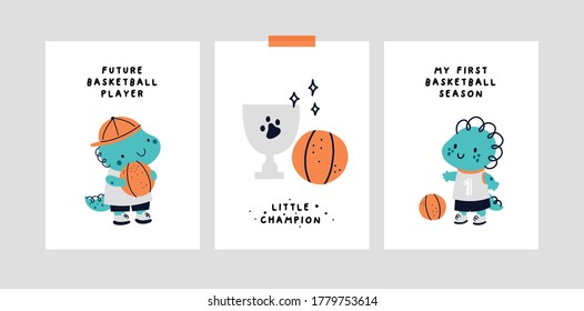 Milestone cards. Childish card or poster with cute baby dino character. Funny phrase: Basketball player, little champion, my first basketball season. Ideal for kids room decoration, clothing, prints