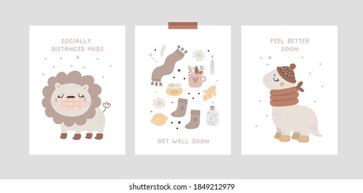 Milestone cards collection with cute baby animals and wishes quotes Get well soon. Feel good soon. Socially distanced hugs. Natural medicine, hot drinks, ginger, honey, socks, lemon, camomile, mask