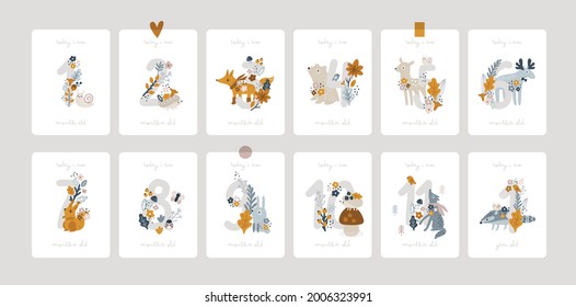 Milestone Cards With Numbers, Flowers, Cute Forest Animals For Boy Or Girl. Baby First 12 Months. Nature Prints For Kids. Capture All The Special Moments Newborn Baby