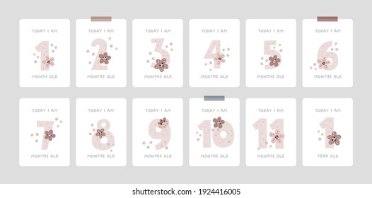 Milestone Cards with numbers in pastel colors for newborn boy or girl. 1-11 months and 1 year. Baby shower print capturing all the special moments. Baby month anniversary card. Nursery print