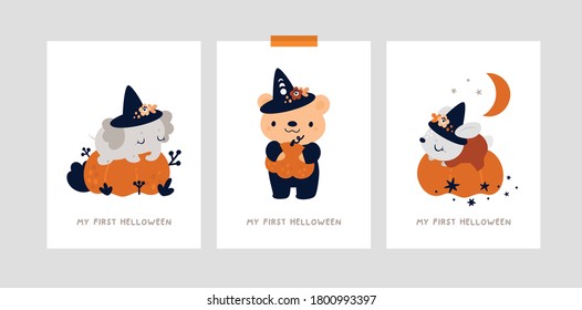 Milestone cards set for Halloween. Baby shower cards collection. Nursery print or poster with little bear, bunny and elephant. Ideal for kids room decoration, clothing, prints, anniversary, party