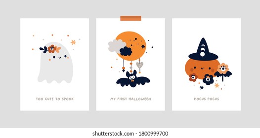 Meilenstein Karten Set für Kinder Halloween Party. Kindergartendruck, Poster mit wenig süßem Geist, Kürbis. Babyduschkarten-Kollektion. Ideal für Kinder-Zimmer-Dekoration, Kleidung, Drucke, Jubiläum, Party, Party