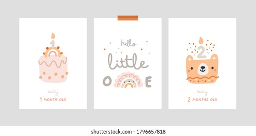 Milestone cards set for newborn. Baby shower cards collection. Nursery print or poster with rainbow, sweet cakes for celebration party. Ideal for kids room decoration, clothing, prints, anniversary