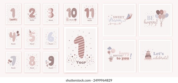 Tarjetas del hito fijadas con los números en colores pastel beige para el niño y la niña recién nacidos. Tarjeta de aniversario de mes de bebé en diseño plano de moda. Ilustración vectorial de dibujos animados.
