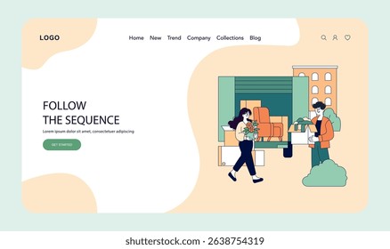 Milestone concept for a content platform showcasing a moving scene with individuals carrying boxes and plants. The illustration signifies transitions and new beginnings. Engages users with a friendly