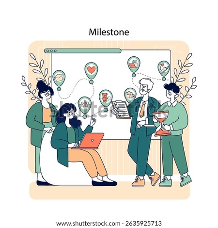 Milestone illustration showing a collaborative team discussing key achievements. One person points at a digital board with visual markers. Focus on teamwork, goal tracking, and project planning