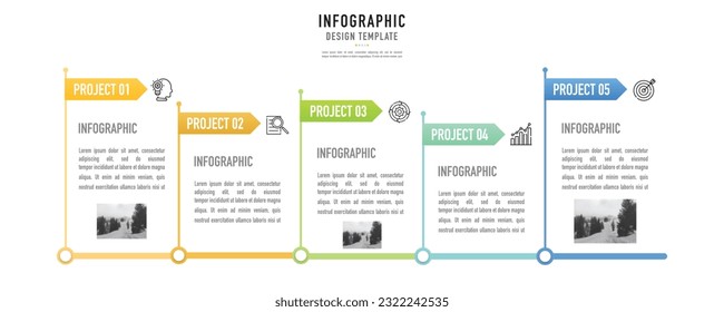 Milestone infographic template or element with 5 project, step, process, option, colorful flag, bar, arrow, label, tag, minimal style for sale slide, agenda, workflow, flowchart, history, biography
