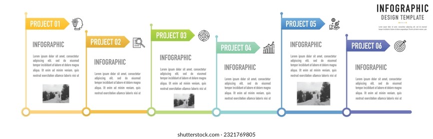 Meilenstein-Infografik-Vorlage oder -Element mit 6 Projekt-, Schritt-, Prozess-, Option, bunter Balken, Flaggen, Symbolen, Beschriftung, Schaltfläche, minimaler Stil für den Verkauf Folie, Flussdiagramm, Workflow, Planer, Plan, Web