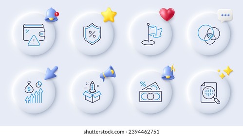 Milestone, Money tax and Analytics chart line icons. Buttons with 3d bell, chat speech, cursor. Pack of Startup, Salary, Loan percent icon. Euler diagram, Wallet pictogram. Vector