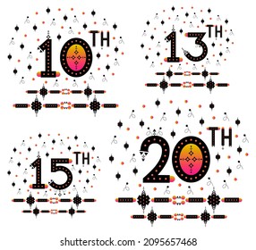 Milestone numbers 10th 13th 15th 20th labels set. Birthday anniversary celebration digits. Number badges. Birthday stickers collection. Anniversary wish elements. Gradient circles flower confetti.