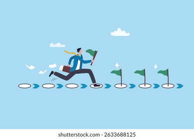 Milestone or roadmap achievement, business success journey, progress to reach goal, motivation to accomplishment, aspiration concept, businessman run to grab completed milestone success flag.