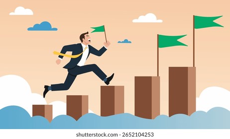 Milestone or roadmap achievement, business success journey, progress to goal, motivation and ambition concept, businessman jumps to grab success flag.

