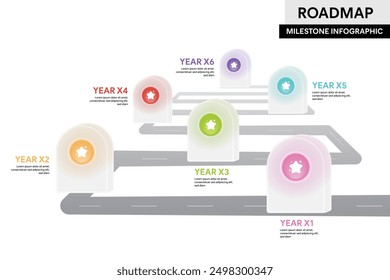 Infografía de la Hoja de Ruta de Hitos. Ilustración vectorial de diagrama de hito moderno con sello de tiempo de estilo de Glassmporhism.