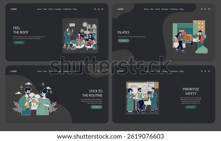Milestone set. A collection of illustrations representing wellness, fitness routines, and safety in daily life. Engaging scenes highlight pilates, family moments, and maintaining routines. Vector