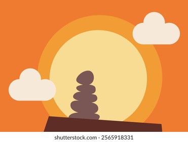 Milestone of stones piled up on a summit at sunset or sunrise