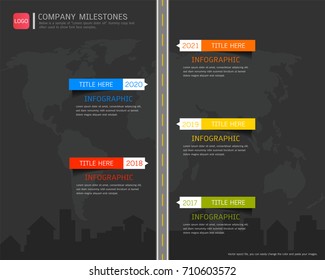 Milestone timeline infographic design, Road map or strategic plan to define company values, Used for scheduling in project management to mark specific points along a project timeline you have created.