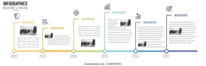 Plantilla o elemento infográfico de la línea de tiempo de hitos con 6 años, 2022, 2023, 2024, 2025, 2026, 2027, step, process, option, colorido bar, diapositiva de estilo moderno mínimo para la venta, planificador, programa, historia