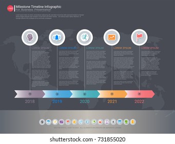 Milestone timeline infographic template with five steps or options, Communicate data through charts, graphs, Make facts and statistics more interesting, and easier to understand.