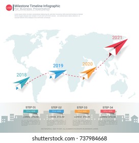 Milestone timeline infographic template with four steps or options, Communicate data through charts, graphs, Make facts and statistics more interesting, and easier to understand.