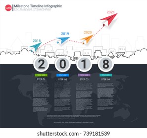 Milestone timeline infographic template with four steps or options, Communicate data through charts, graphs, Make facts and statistics more interesting, and easier to understand.