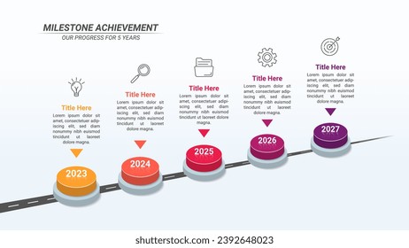 Meilenstein-Timeline-Infografiken von 1 bis zu 5 Schritten auf einem 16:9-Ratio-Layout für Geschäftspräsentationen, Planung, Management und Evaluierung.