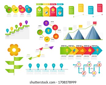 Hito, plantillas de escala de tiempo establecidas para presentación, concepto de negocio, diseño vectorial. Elementos infográficos de hito, escala de tiempo, icono del concepto de diseño, informe anual, presentación. Diseño de vectores.