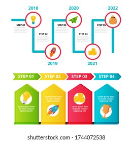 Hito, plantillas de línea de tiempo establecidas para presentación, concepto de negocio, diseño vectorial. Elementos infográficos del hito, escala de tiempo, icono del concepto de diseño, informe anual, presentación. Diseño de vectores.