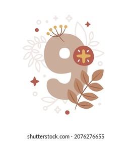 Milestone vector card with number Nine in Boho style, plants, branch, berries, leaves, stars, cute animals for boy or girl. Baby first 12 months. Capture special moments newborn baby