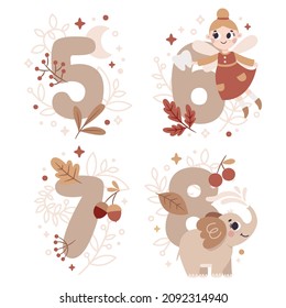 Milestone vector card numbers five, six, seven, eight in Boho style with elephant, fairy, plants, branch, berries, leaves, stars, unicorn for boy or girl