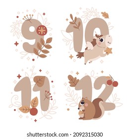 Milestone vector card numbers nine, ten, eleven, twelve in Boho style with squirrel, plants, branch, berries, leaves, stars, unicorn for boy or girl