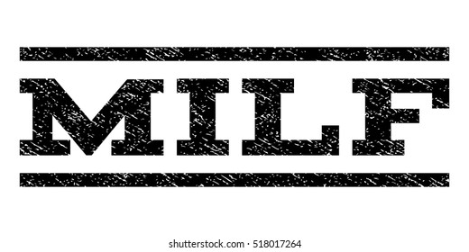 Milf watermark stamp. Text tag between horizontal parallel lines with grunge design style. Rubber seal stamp with unclean texture. Vector black color ink imprint on a white background.