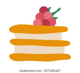 Milfey con frambuesa en el icono superior. Ilustración vectorial de postre crema francesa. Imagen de torta aislada en fondo blanco
