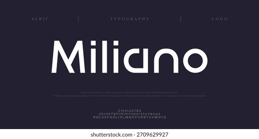 Miliano, tecnología Abstractas de letras espaciales logo alfabeto. tecno y Fuentes deportivas. Tipografía digital de ciencia ficción logotipos de películas. Ilustración vectorial
