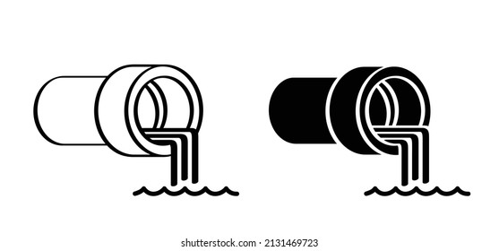 Milieu icon. Grey wastewater, dirty water. Sewer pipe icon or pictogram. From the pipe flowing liquid into the river or sea. Disposal symbol or logo. Waste water pollution from industry. Sewer system
