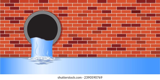 Milieu icon. Wastewater, dirty water. Sewer pipe icon or pictogram. From the pipe flowing liquid into the river or sea. Waste water pollution from industry. Sewer system. Industrial drain. Pipes line.