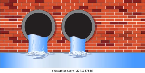 Milieu icon. Wastewater, dirty water. Sewer pipe icon or pictogram. From the pipe flowing liquid into the river or sea. Waste water pollution from industry. Sewer system. Industrial drain. Pipes line.