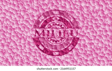 Milieu pink badge with bubbles background. Vector Illustration. Detailed. 