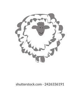 miling Grey Sheep with Abundant Wool - Minimalist Painting