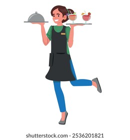 miling waitress in uniform bringing dish to client in restaurant. Happy female server with meal working in cafe. Good service concept. Vector illustration.