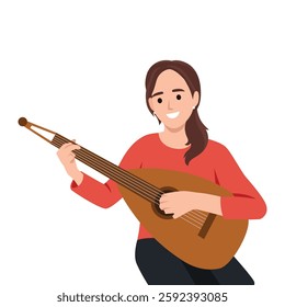 miling woman is joyfully playing a lute, expressing her passion for music and creativity. Flat vector illustration isolated on white background