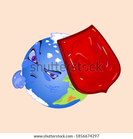 Militant planet earth defends with red shield, angry face and fist. Vector protection from world disaster, ecology problems, catastrophes. Help planet idea isolated on beige background