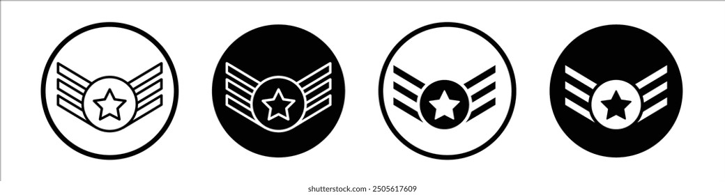 Conjunto de iconos de Vector de insignia militar con estilo relleno y delineado en negro.